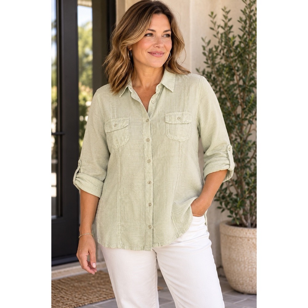Chico's Button Down Linen Shirt Lime Green Gingham Sz 3 XL 16/18 Roll Tab Sleeve